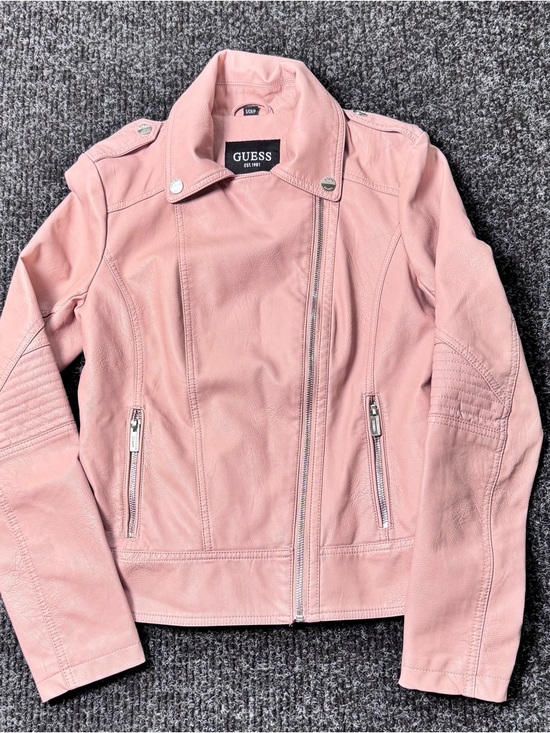 Guess Jackets & Blazers - GUESS Pink Moto Jacket Small Faux Leather Blush Biker Style Zip Up